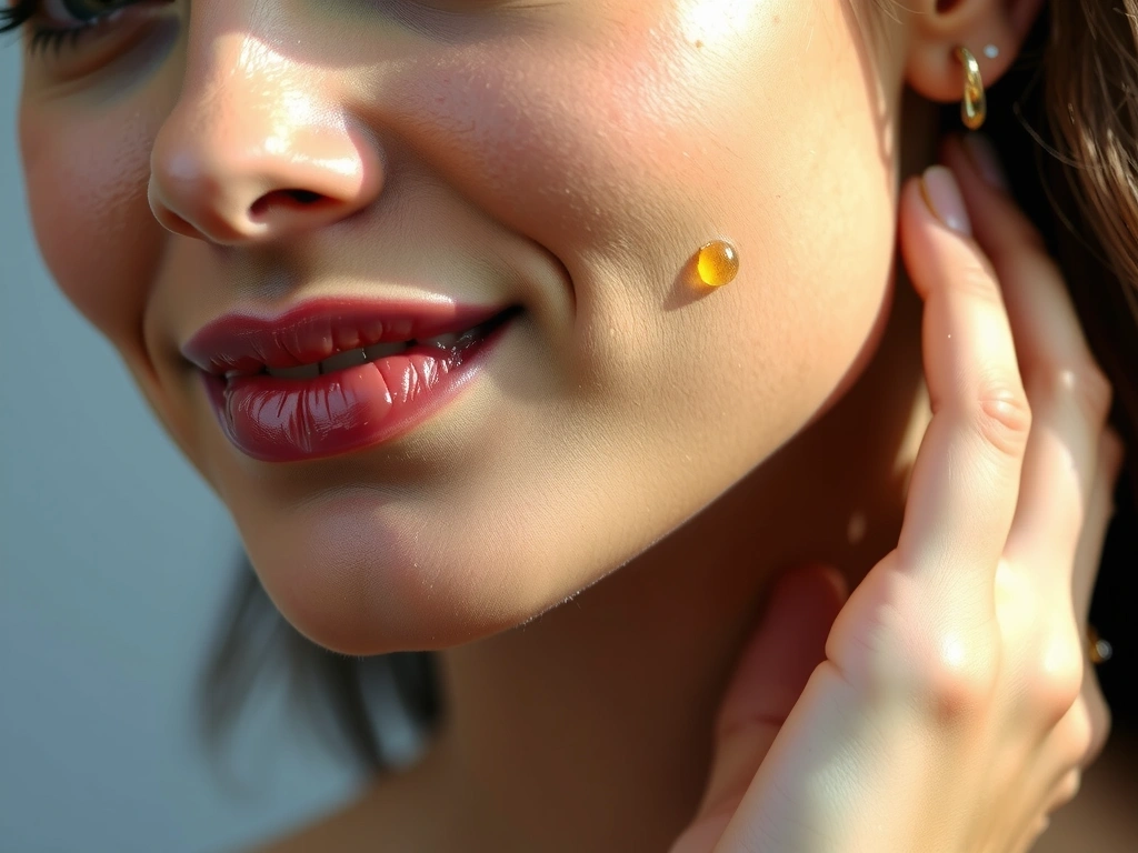 Close-up of a woman's radiant face with glowing skin, showcasing the effects of botanical oils.