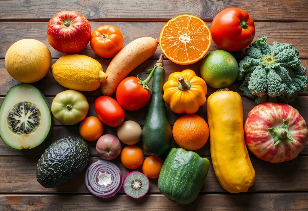 Vibrant assortment of fresh fruits and vegetables, symbolizing healthy nutrition.