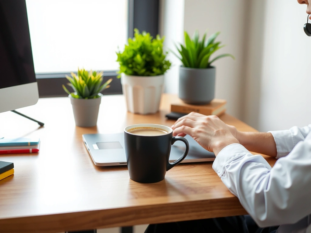 A person typing on a laptop with a cup of coffee and plants on the desk, symbolizing efficient communication and customer service.