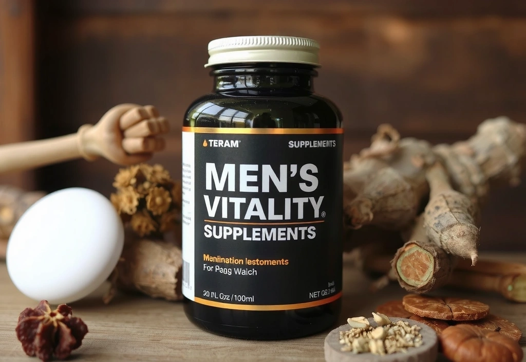 A sophisticated bottle of men's vitality supplements, dark glass, sleek design, natural background of herbs and roots.