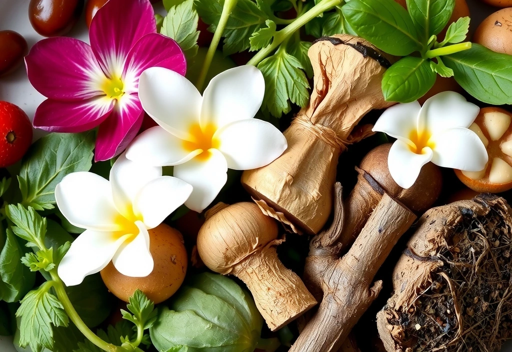 Close-up of fresh, vibrant botanical ingredients like herbs, flowers, and roots, with a soft, natural glow, symbolizing purity and nature.