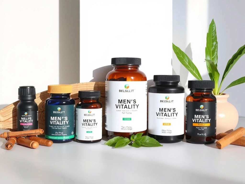 A collection of Vitality & Bloom men's vitality products with soft lighting, emphasizing a premium and natural aesthetic.